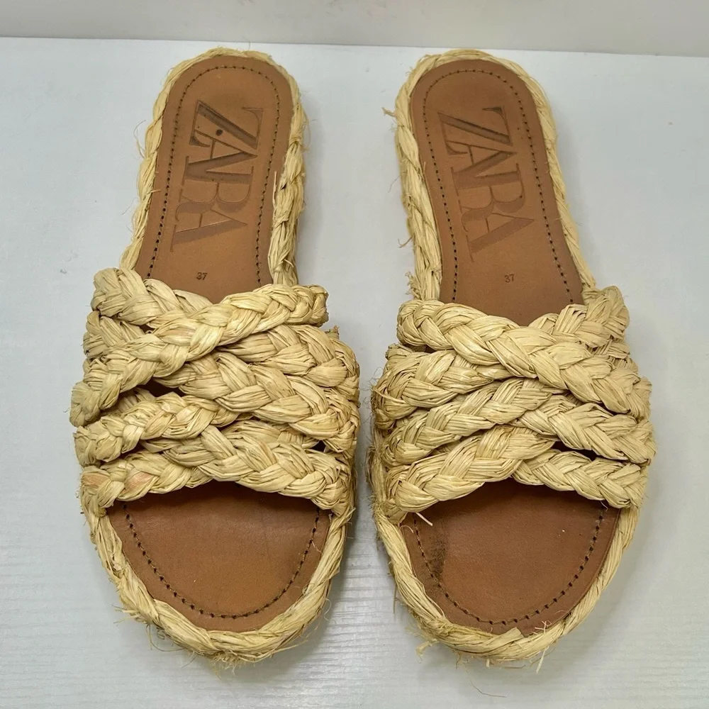 Zara Raffia Braided Platform Neutral Cream Tan Sandals Size 37